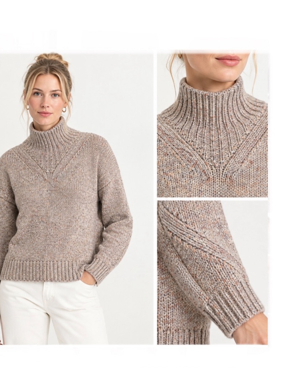 LINE Oatmeal Speckled Chunky Knit Mock Neck Sweater Small